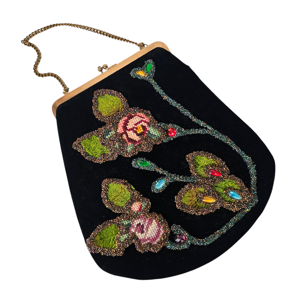 VTG Bags by Llewelyn black velvet kiss lock beaded tapestry purse evening bag